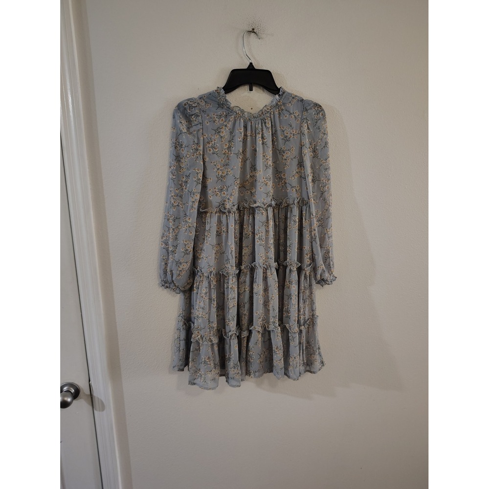 Mabel + Honey Girls Blue Floral Tiered Long Sleeve Dress Size 14 Ruffle Neck